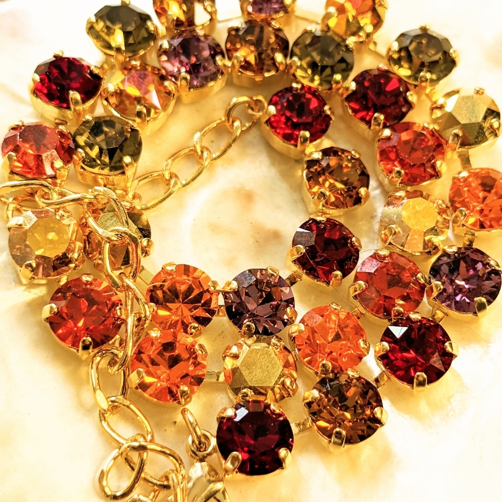 Swarovski Crystal Autumn Harvest Colors: Red, Orange, Yellows In Gold Necklace